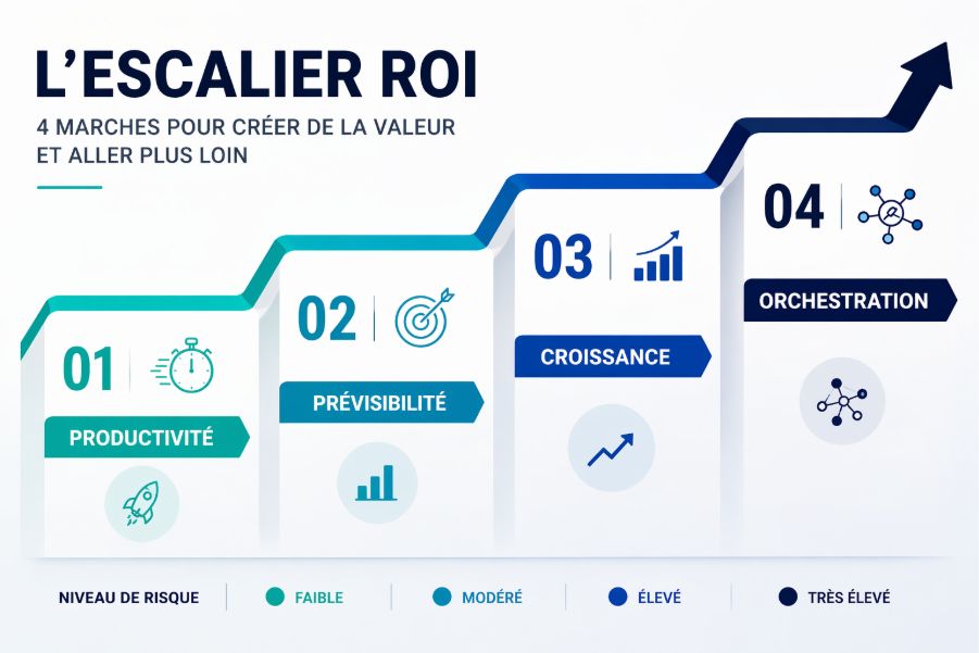 L'escalier ROI : 4 marches pour créer de la valeur : productivité, prévisibilité, croissance, orchestration, avec un niveau de risque croissant
